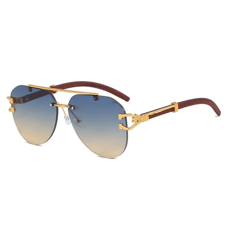 

New Retro Frameless Double Beam Oval Women Sunglasses 2025 Personality Wood Grain Leopard Design Trendy Men Casual Glasses UV400