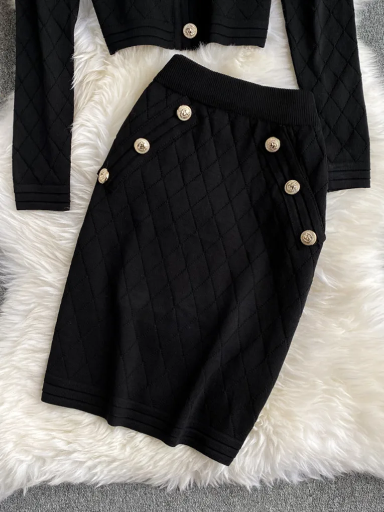 Black long sleeve buttons sweater top and skirt suits women knitted two piece set New autumn fashion ladies club outfits