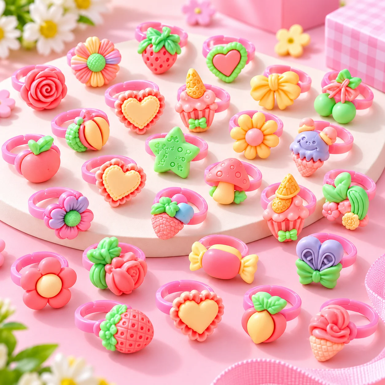 100Pcs Kawaii Resin Rings for Girls Mixed Style Cartoon Animal Fruit Bands Kids Jewelry Birthday Party Goodie Bag Fillers