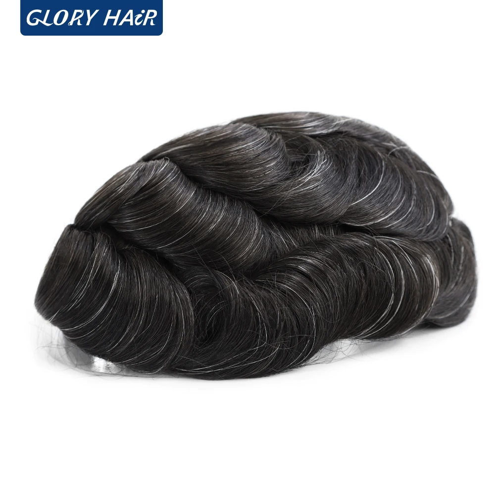 الرجال الشعر البشري الاصطناعية مع شعر رمادي شعر مستعار الرجال حقن رقيقة الجلد وحدة الشعر نظام استبدال الشعر الذكور الاصطناعية #6