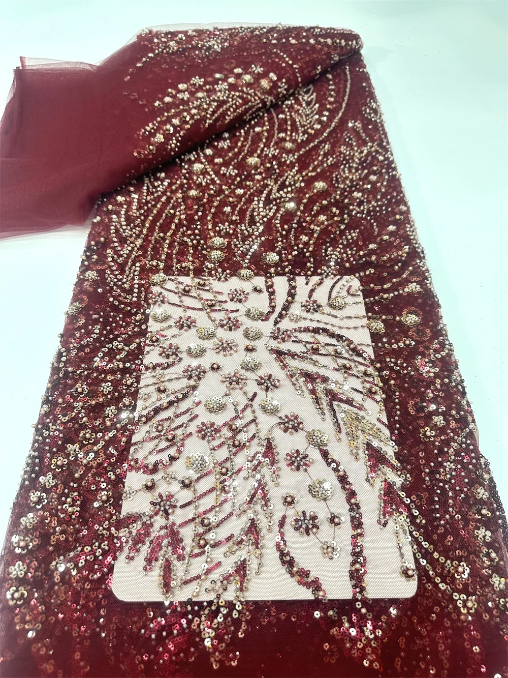 

Wine Luxury Beaded Sequins Lace Fabric 5 Yards African Lace Fabric High Quality Nigerian Mesh Lace Fabric For Party Dress M423-1
