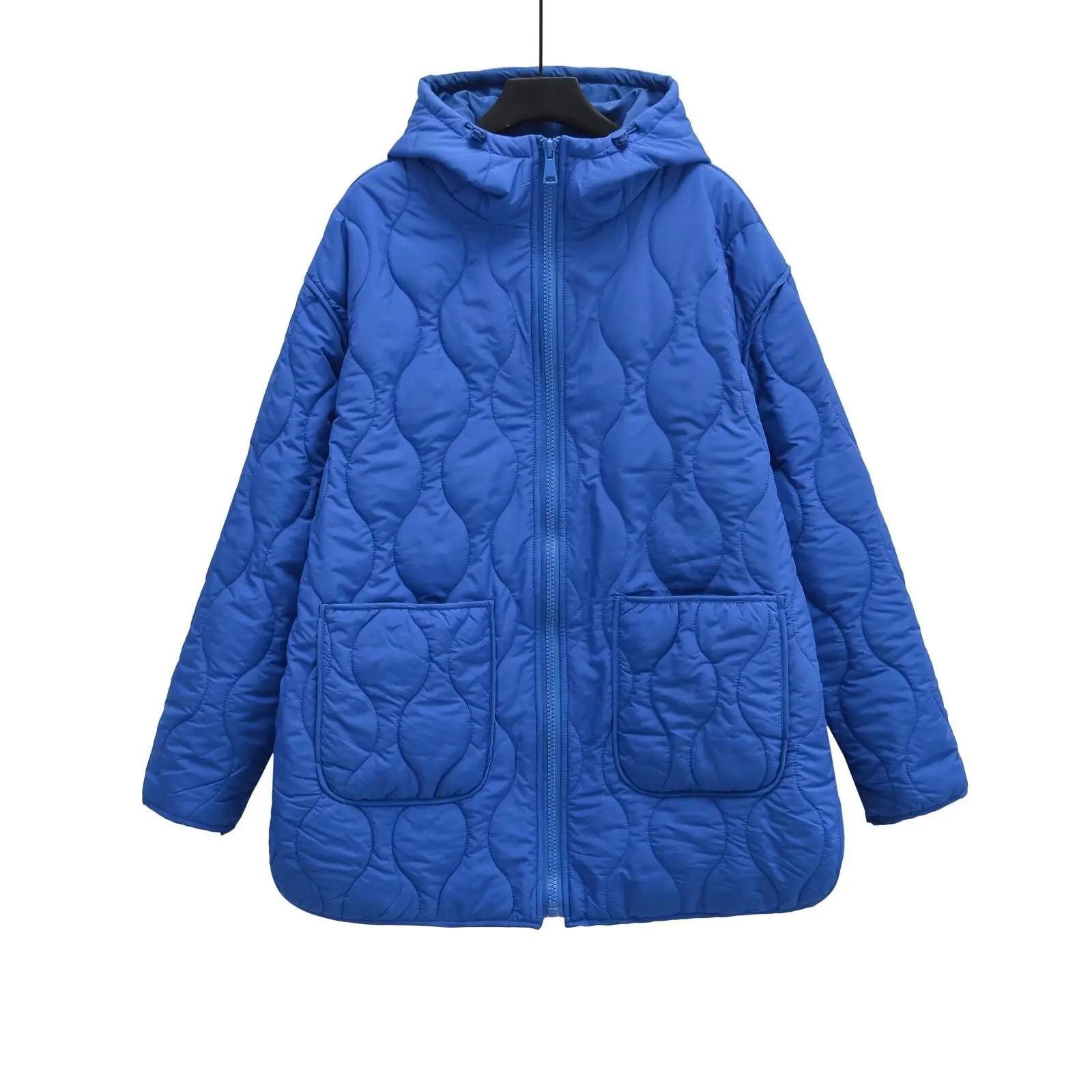 Zipper Hooded Parkas Women Winter Big Pocket Quilted Jacket Loose Mid Long Coat Warm Fashion Streetwear 2024 New Long Sleeved