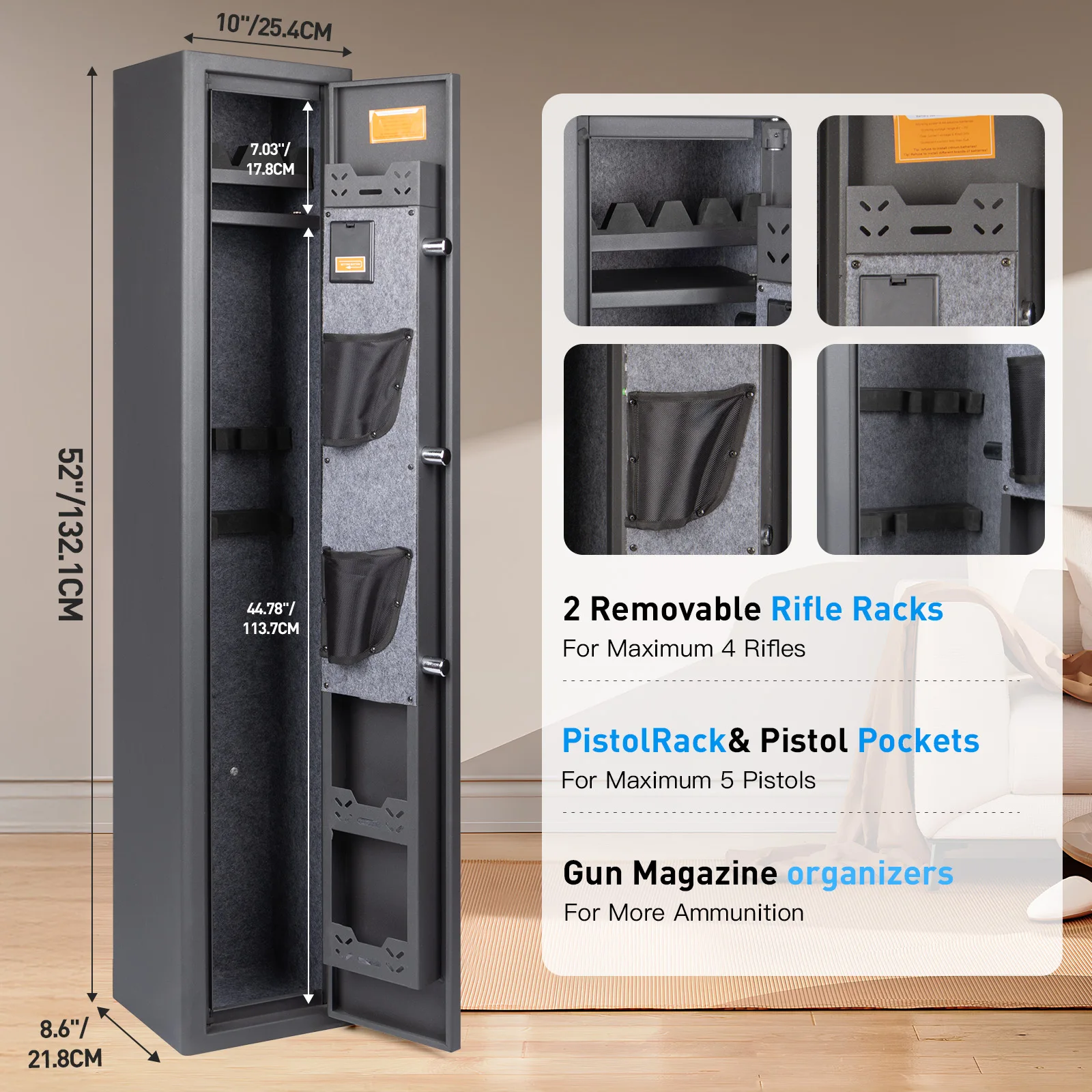 Mutak 3 Biometric Gun Safe for Home Rifle and Pistols,Figerprint Gun Safe Quick Access Gun Cabinet w/ Gun Rack Pistol Bag