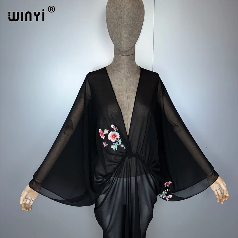 WINYI Embroidered perspective sexy deep V dress Muslim Abaya Lady beach cover up Beachwear fashion Kaftan abaya dubai luxury