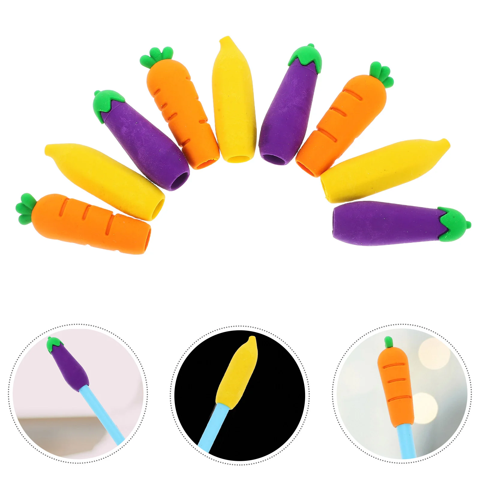 9 Pcs Vegetable Cute Pencil Hat Pupils Erasers Soft Rubber Tip Protector Topper