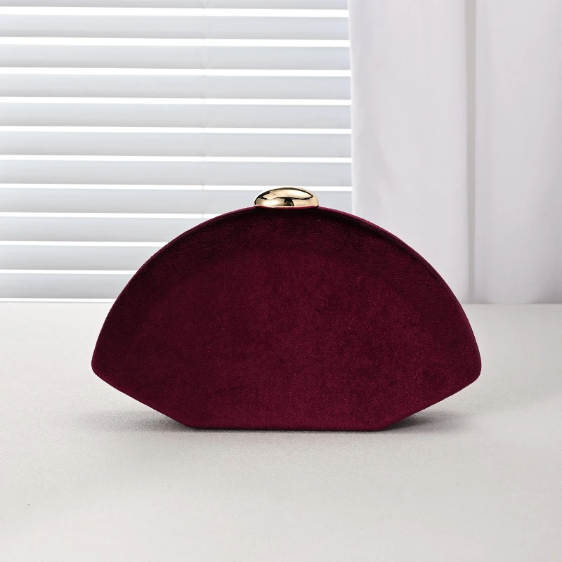 Luxury Half Moon Velvet Evening Bag Ladies Wine Red Fan Shaped Clutch Purse Formal Wedding Prom Banquet Dinner Shoulder Handbag