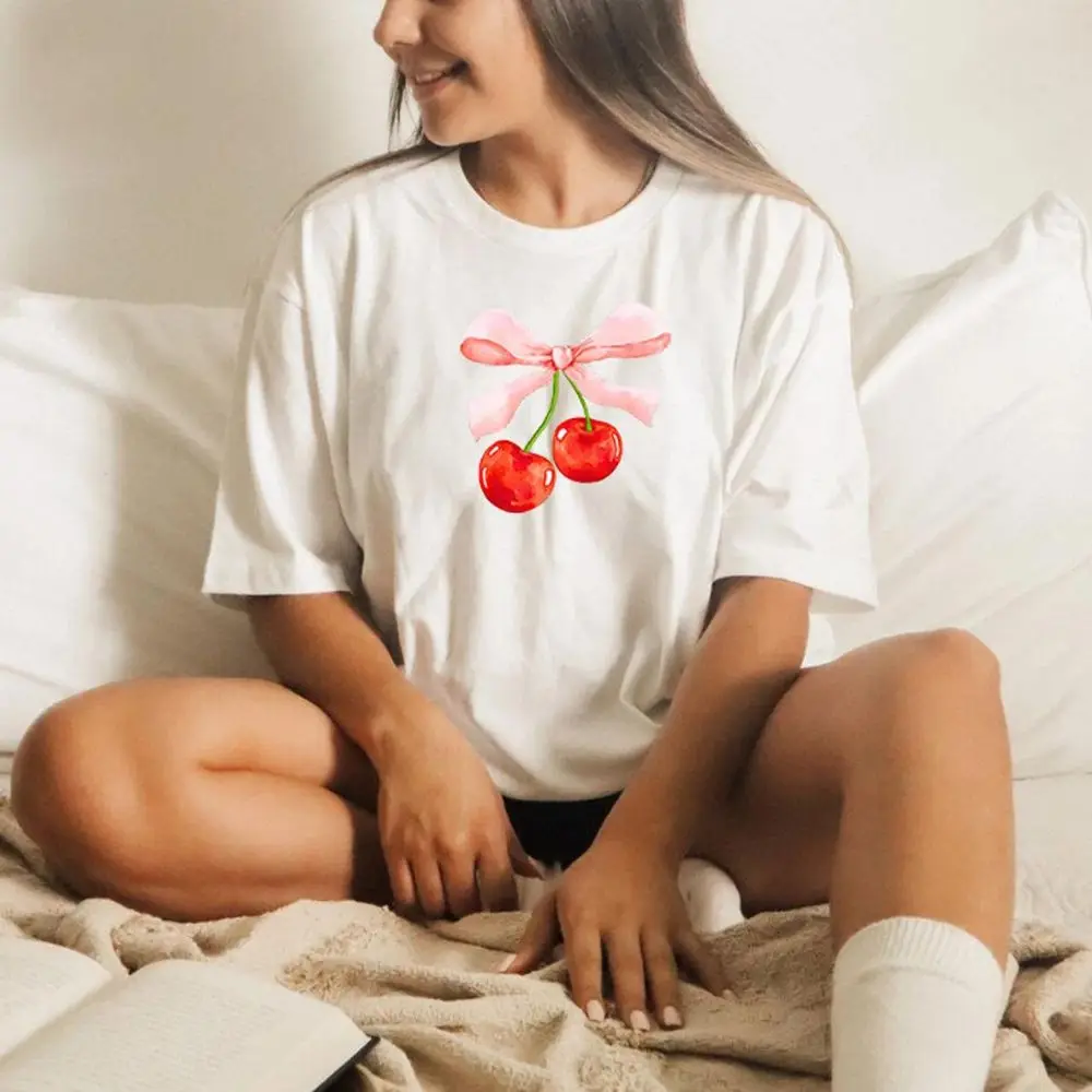 

Cherry T-shirt Trendy Ribbon Crewneck Tee Shirts Soft Girl Gift Cottagecore Tops Clothes Trendy Bow Cherry y2k Aesthetic Tshirts