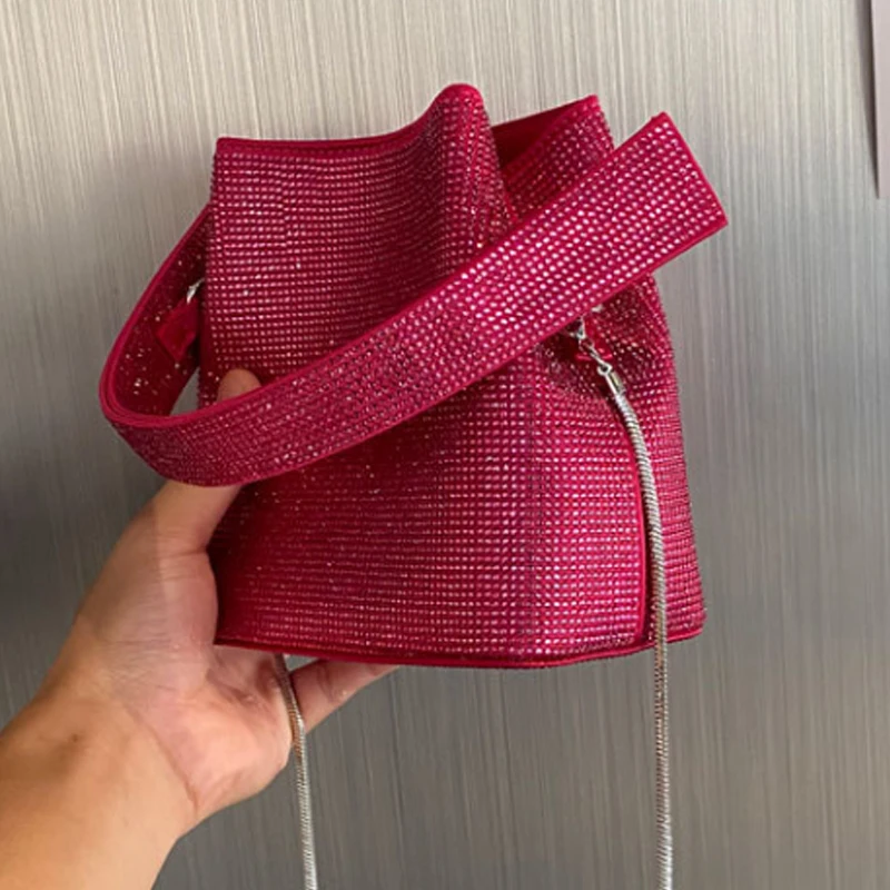 Luxury design rose red crossbody bag 2024 new diamond handbag bucket bag versatile shoulder bag