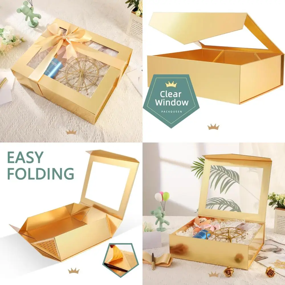 

Элегантные золотые подарочные коробки с окошками, 16,3x14,2x5 дюймов, для особых подарков, включают ленты и открытки