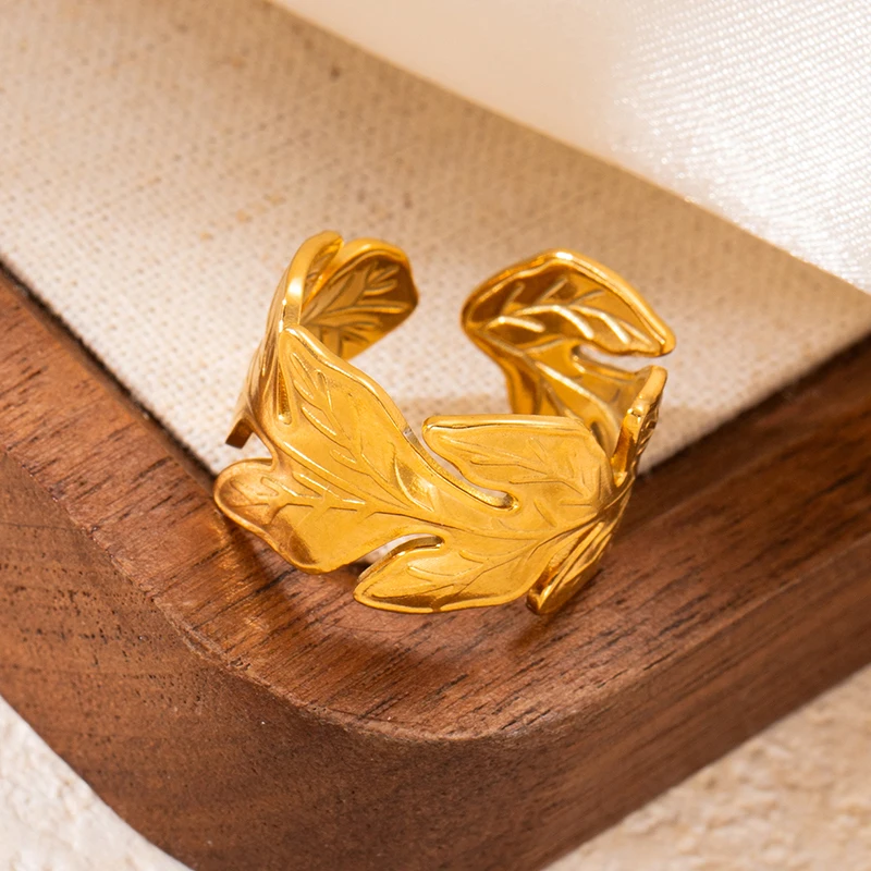 ANENJERY 316L Stainless Steel Irregular Lines Leaf Heart Hollow Open Ring for Women Men Niche Vintage Jewelry Gifts Wholesale