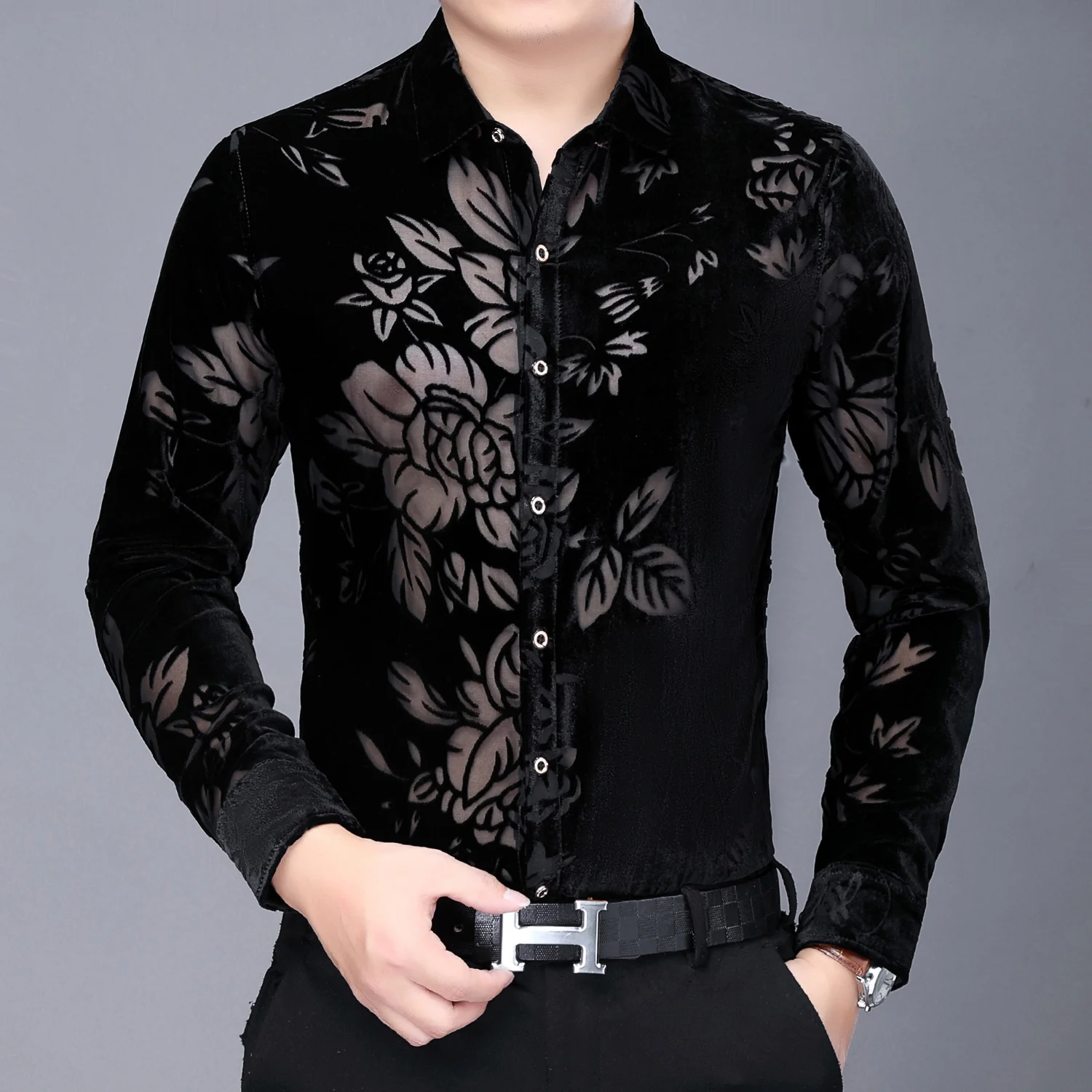 2020 Velvet Long Sleeve Camisa Chemise Homme Men Shirt High Quality See Through Flower Shirts Men Business Casual Office Shirt