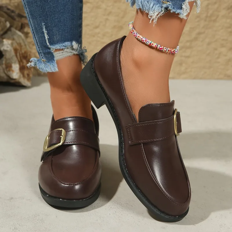 

2026 British Style Thick Bottom Slip-On Loafers Women's Summer New Round Toe Flat Heel Casual Shoes Korean Version Pure Color