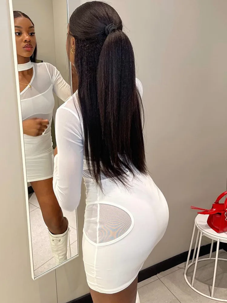 Articat elegante manga longa oco para fora vestido de cor sólida feminino sexy malha retalhos fino ajuste vestido apertado festa boate vestidos