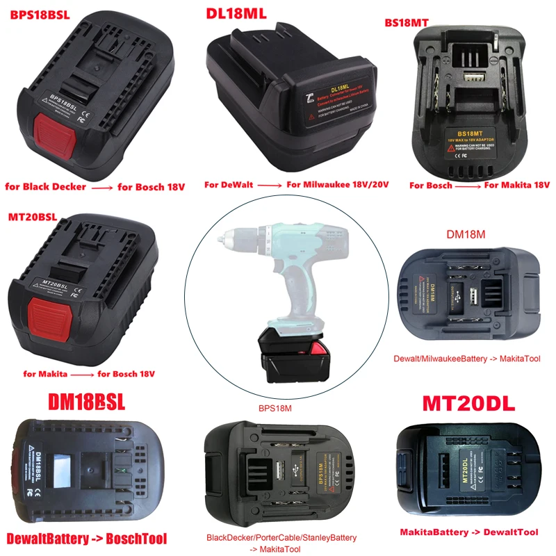 

Адаптер для электроинструмента BS18MT, преобразователь для литий-ионной батареи Bosch 18 в для Makita/Milwaukee/Dewalt для инструмента Ryobi/Metabo/Worx/Devon