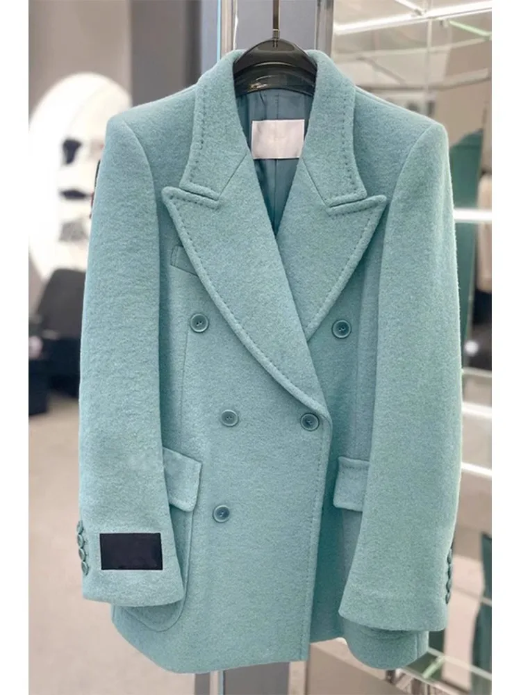 

Blue Lazy Sle Thiened Woolen Coat Women's High-End Loose Casual Double-Breasted Suit Jaet Korean Version Straight Cut