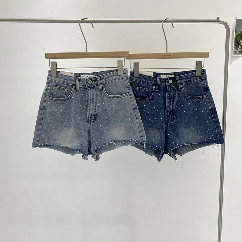 Diamond Low Waist Blue Denim Shorts Women Summer Korean Style Slimming Short Pants Fashion Spice Girls Jean Shorts