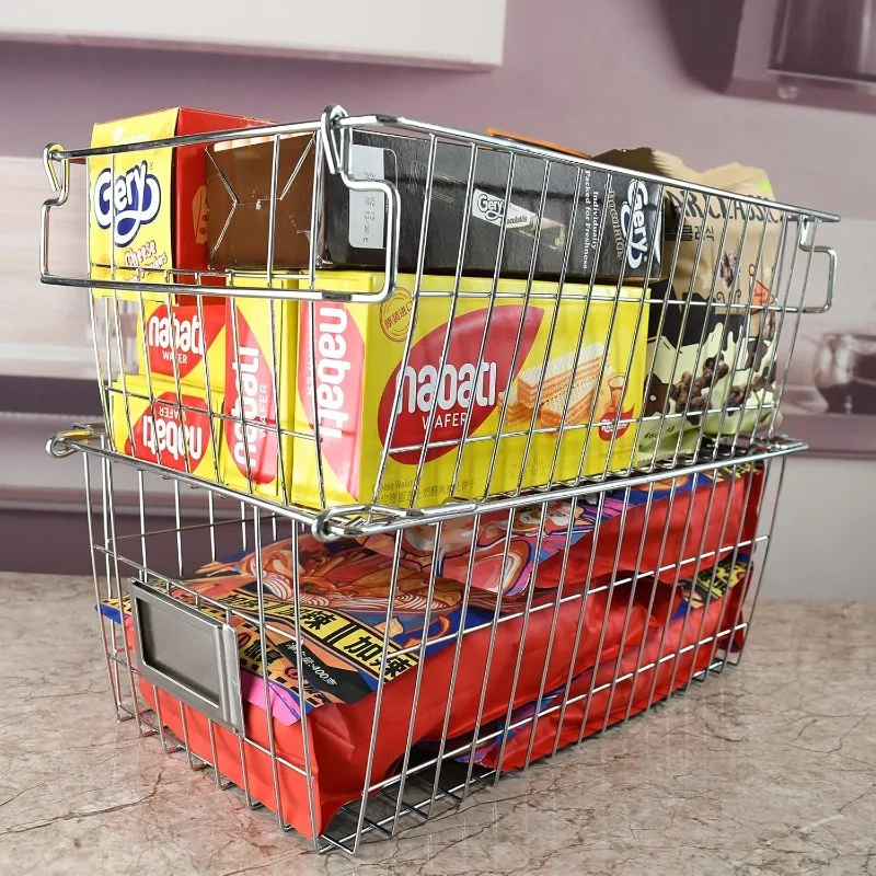 Stackable Chest Freezer Baskets Organizer Bins, Metal Wire Baskets Pantry Organizer Produce Baskets With Tag Slot For Sn