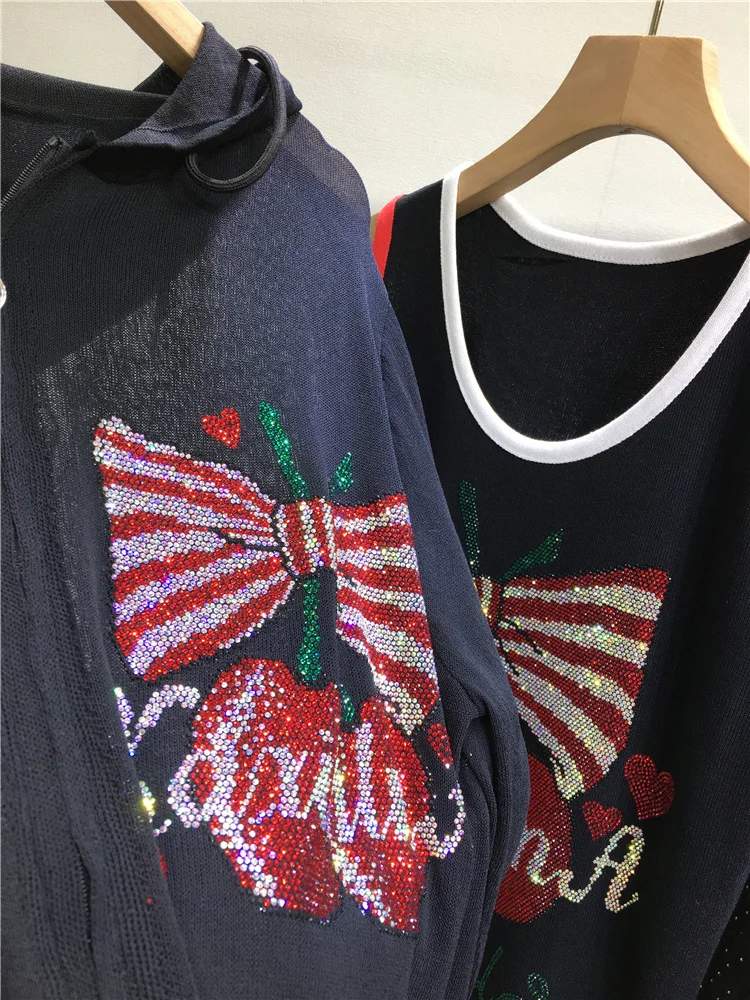 Heavy Industry Hot Diamond Sunscreen Shirt Thin Black Loose Light Breathable Ice Silk Vest Cherry Pattern Spring and Summer Top