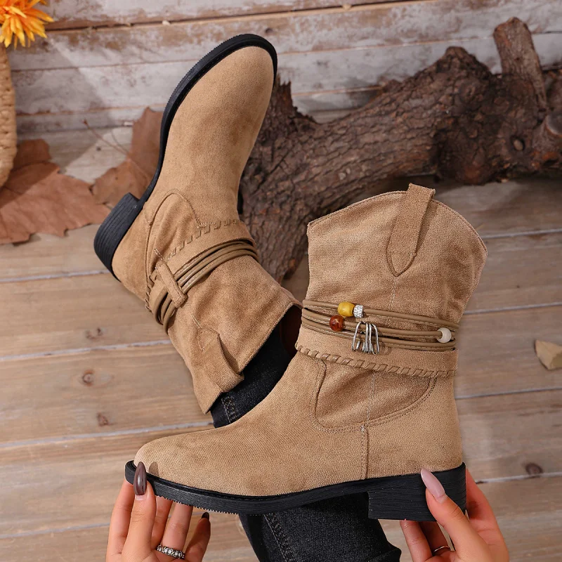 

2025 Autumn-Winter Vintage Suede Pointed-Toe Block Heel Mid-Calf Denim Stack Boots & Marron Toned Slimming Knight Boots