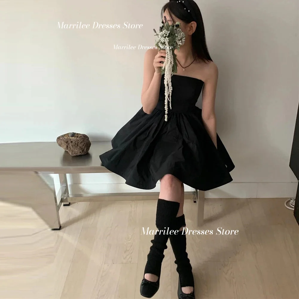 Marrilee-elegante vestido de noche negro corto sin tirantes, traje de noche acampanado con encanto por encima de la rodilla, sin mangas, sencillo, para fiesta de graduación, ocasiones formales