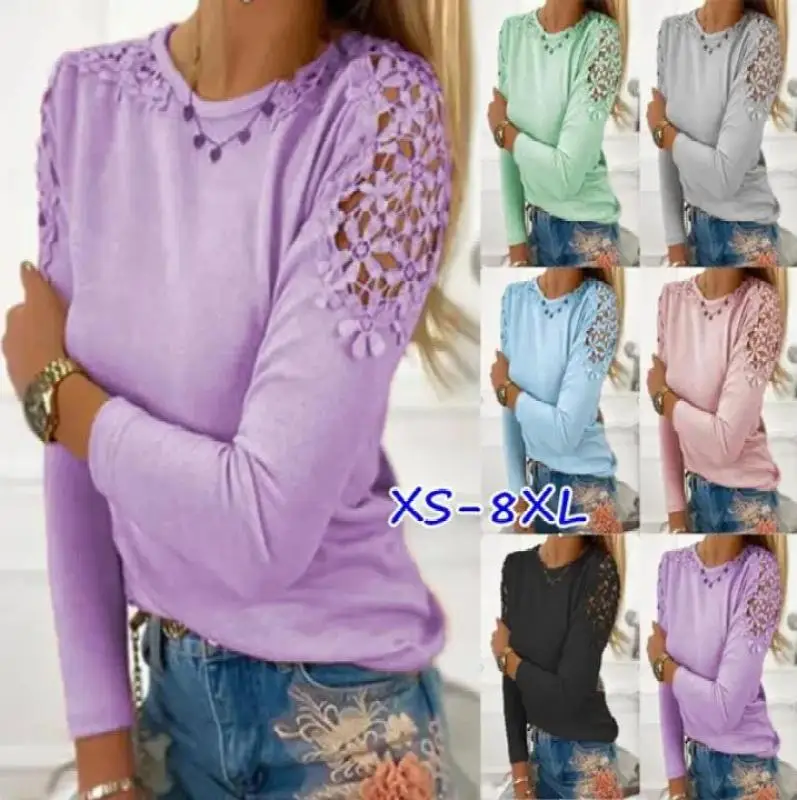 

Women Fashion Long Sleeves Slim Lace Hollow T-Shirt Soft and Comfortable Thin Loose Tops Crew Neck Pullover Bottoming Shirt