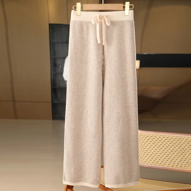 High-Quality Women 100% Merino Wool Wide Leg Pants Knitted Trousers Striped Autumn Winter Casual Style Thick Warm Cashmere Pants