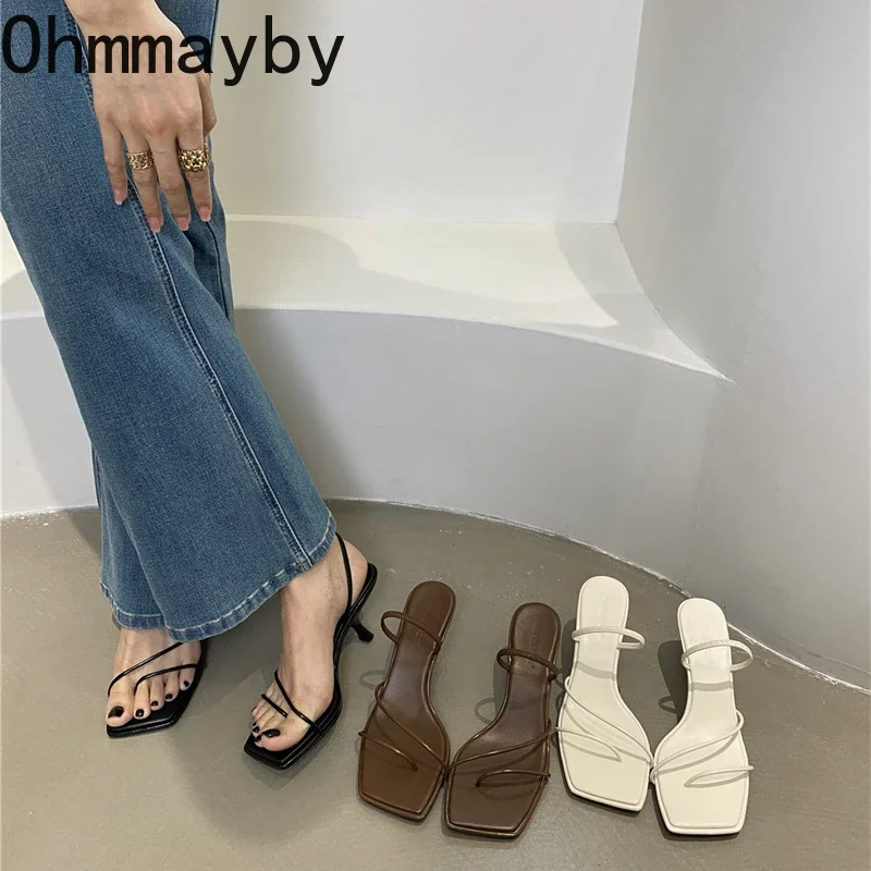 2024 Summers Women Slippers Fashion Elegant Narrow Band High Heel Slides Shoes Ladies Outdoor Gladiator Clip Toe Sandalias