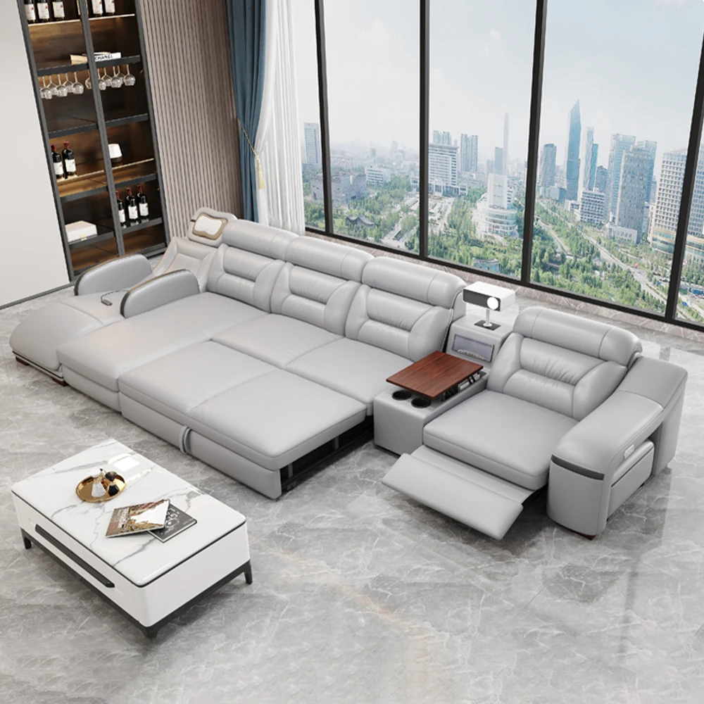 MINGDIBAO Modern Convertible Leather Sofa Bed, Sectional Sofa with Reclining Seats and stools, Comfortable Multifunctional Couch