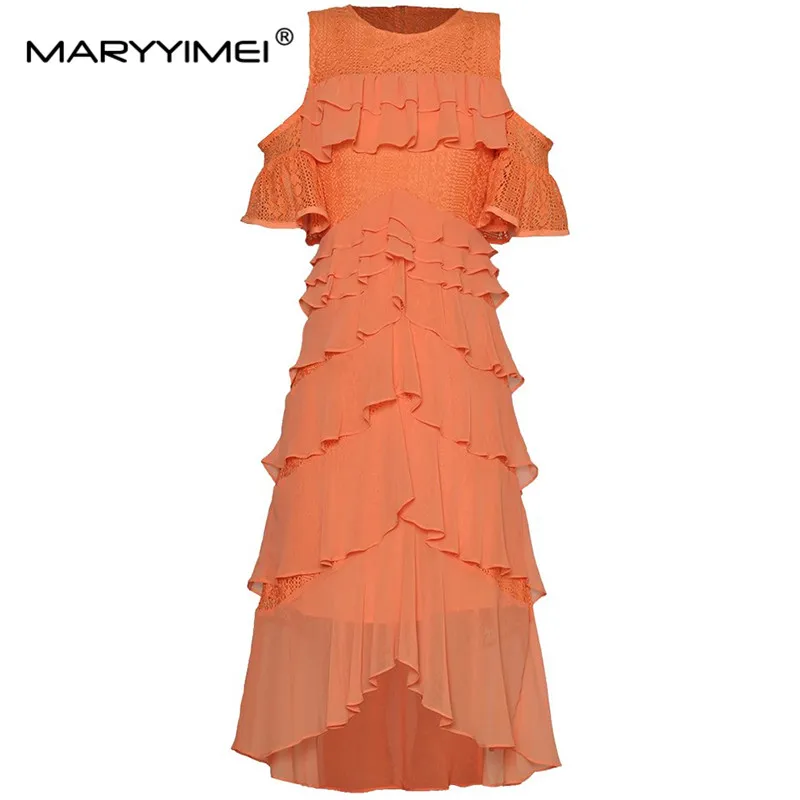 MARYYIMEI Fashion Women's New Round Neck Off-Shoulder Short Sleeved Hollow Out Layered Flounced Edge Elegant Cake MIDI Dress