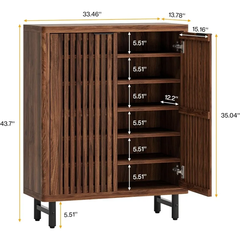 6-Tier Shoe Cabinet with Louvered Doors, Large Wooden Shoe Storage Cabinet with Adjustable Shelves, Modern Freestanding Shoe