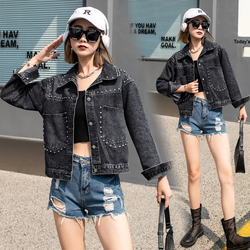 Heavy Embellied Denim Jaet Women's Spring Autumn Loose ort Sle Korean Version Small ence Design Sense