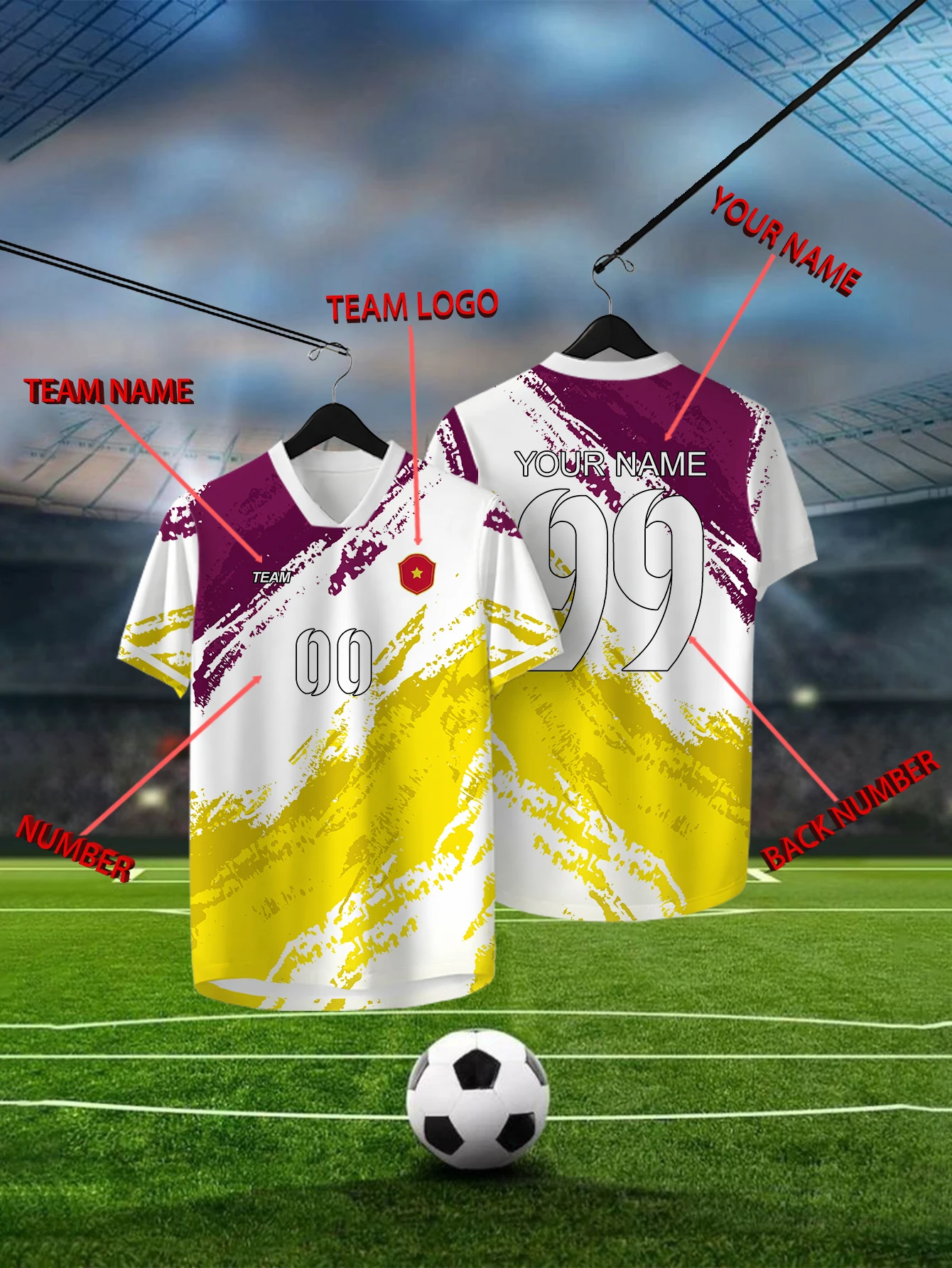 

Customized Geometric Multi-color Short Sleeved Shirt with Team Name, Emblem, Name and Number, Outdoor Sports Short Sleeved Shirt
