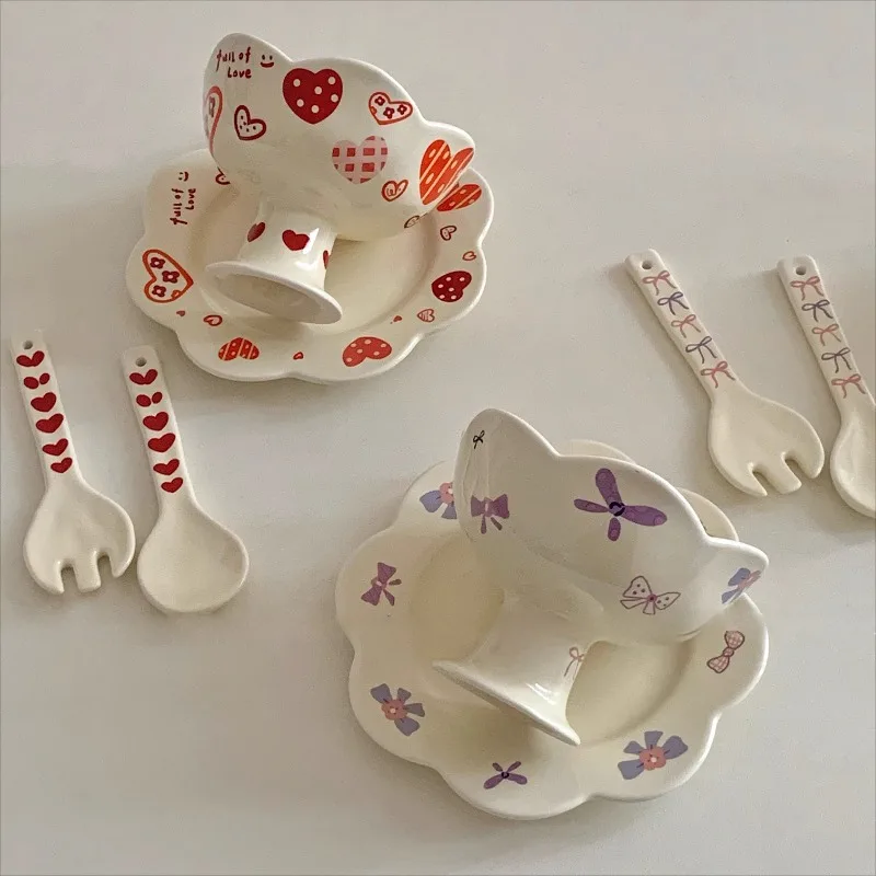 Korean Cute Ceramic Lace High Footed Dessert Bowl Creative Love Bow Illustration Ice Cream Cup Home Afternoon Tea Tableware Set
