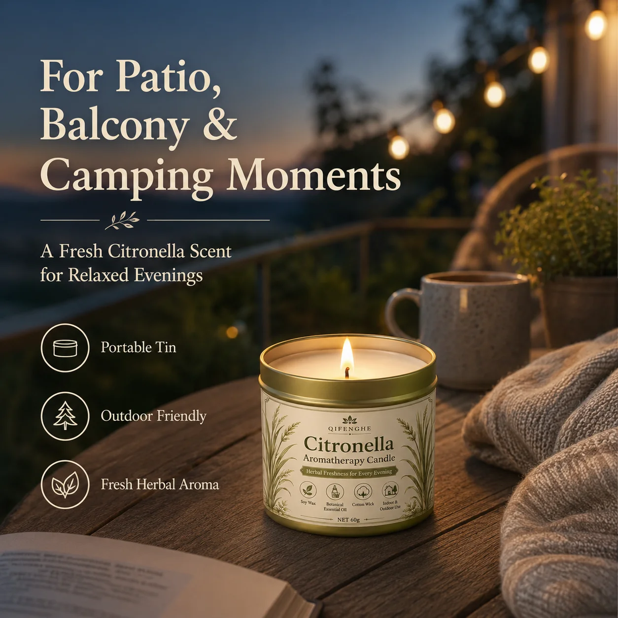 Bougie portable à la citronnelle en cire de soja, aromathérapie, sans fumée, anti-moustiques pour pique-nique en extérieur, patio, décoration intérieure