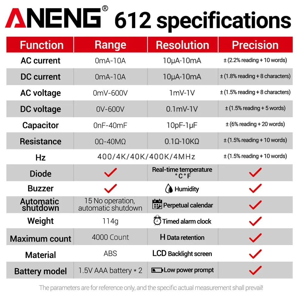ANENG 3 In 1 Digital Multimeter 612 AC DC Voltage Current Temperature Voltmeter Multi-functional Electrician Repair Detector