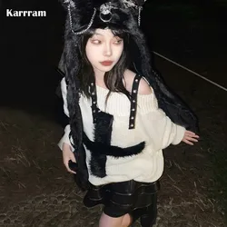 Karrram Dark Aesthetic Pullover Harajuku Gothic Knitted Jumpers Grunge Mall Goth Fuzzy Sweater Japanese Fashion Knitwear 2000s