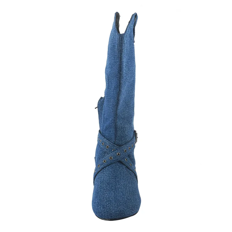 Venuslure Customized Blue Denim Line Dance Western Boots Suede Sole 2CM Dancing Country Dance Boots Shoes with Zipper