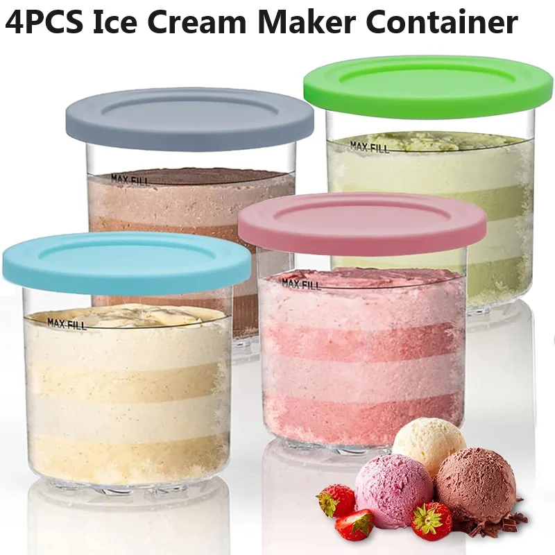 

4PC Containers Replacement For Ninja Creami Pints 16oz Cups Compatible NC301 NC300 NC299AMZ NC290 Serie Ice Cream Maker BPA-Free