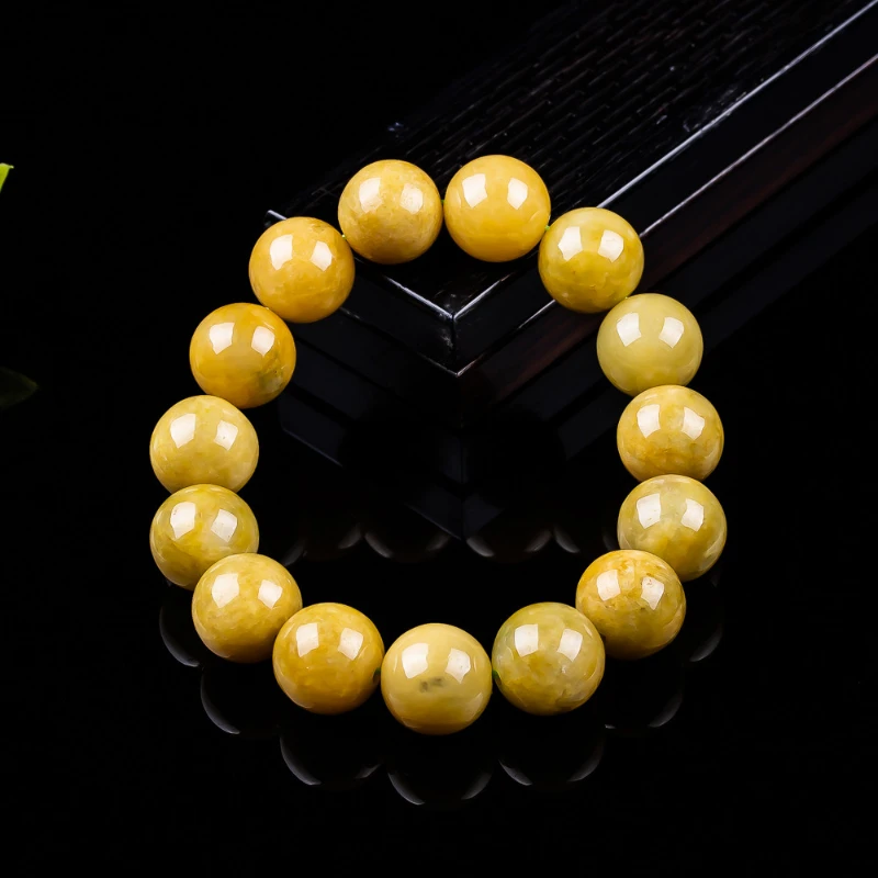 Natural A Grade Jadeite 13mm Yellow Round Bead Bracelet Exquisite Jade Simple Fashion for Men and Women Couples Gift