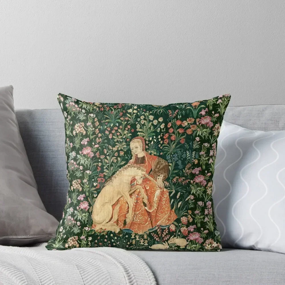 

LADY AND UNICORN AMONG FLOWERS ,HARES,Red Green Floral Throw Pillow Sofas Covers Decorative Cushion Cover pillow