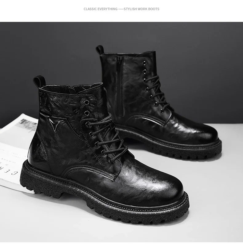 6cm Invisible Height Increasing Men Boots Leather Outdoor Autumn Winter Shoes Warm Non-Slip Comfortable Elevator Ankle Boots