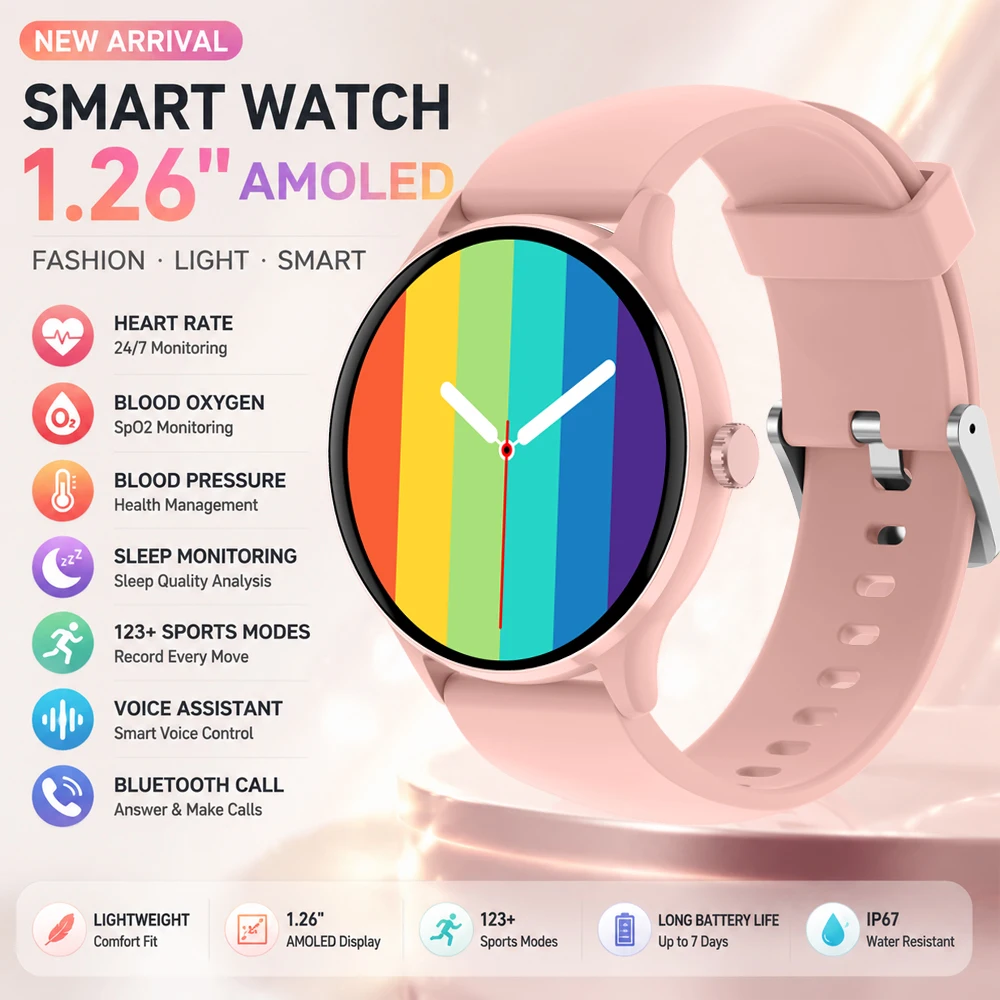 2026New Fashion Smart Watch Women 123+Sport Modes Health Monitoring Voice Assistant Waterproof Bluetooth Call Smartwatch  Women