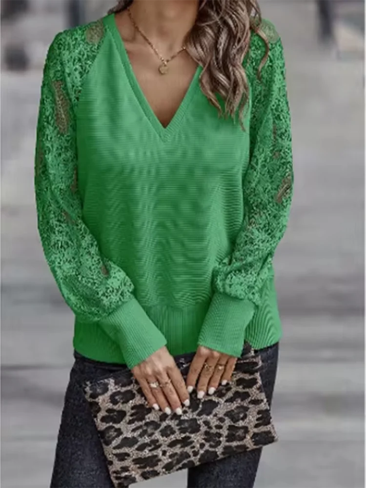 Solid Color V-neck Lantern Long Sleeved T-shirt Women's Sexy Lace Elegant Daily Fashion Style Autumn Top