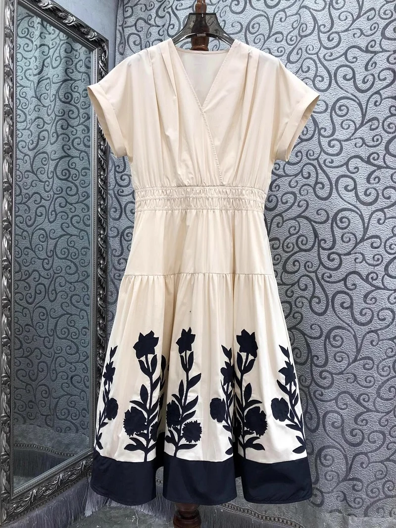 

100%Cotton Dress 2025 Summer Designer Fashion Women V-Neck Elegant Floral Print Short Sleeve Mid-Calf Apricot Dark Blue Dress