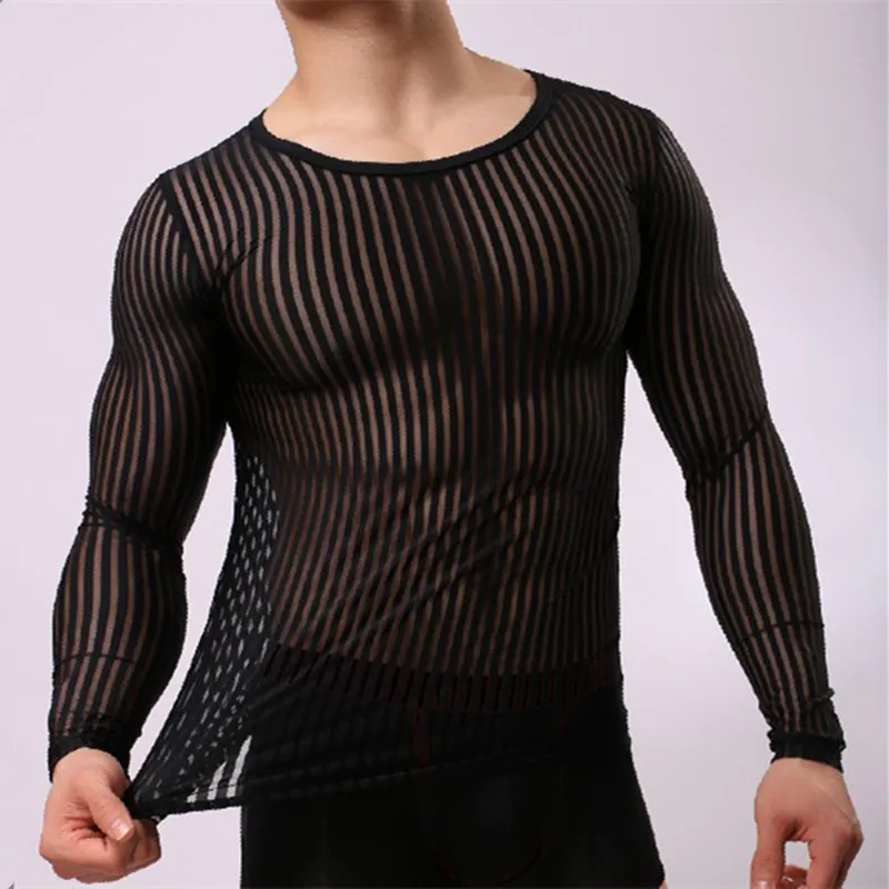 Mens Stripe Undershirt Breathable Slim Mesh Tees Shirt See Through Sheer Long Sleeves T Shirts Sexy Transparent Shirt Underwear