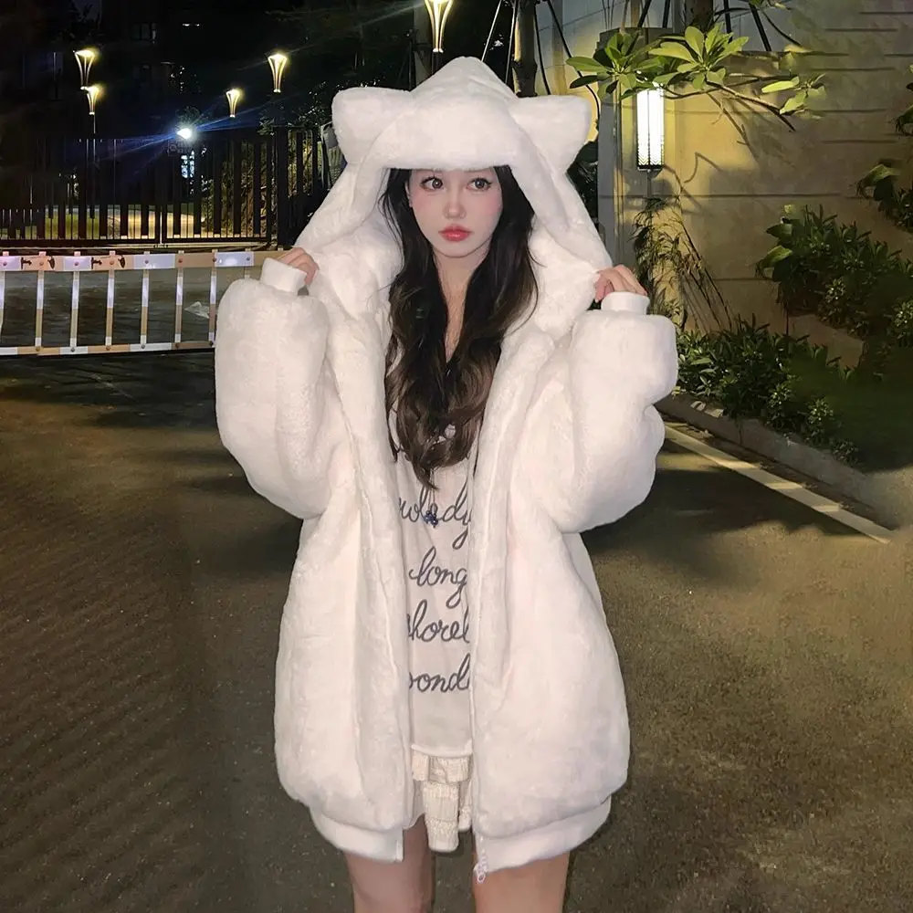 MAGOGO Japanese Kawaii Coat Long Sleeve Women Casual Solid Cat Ears Harajuku Sweatshirt Sweet Zipper Hoodie Autumn Winter Tops