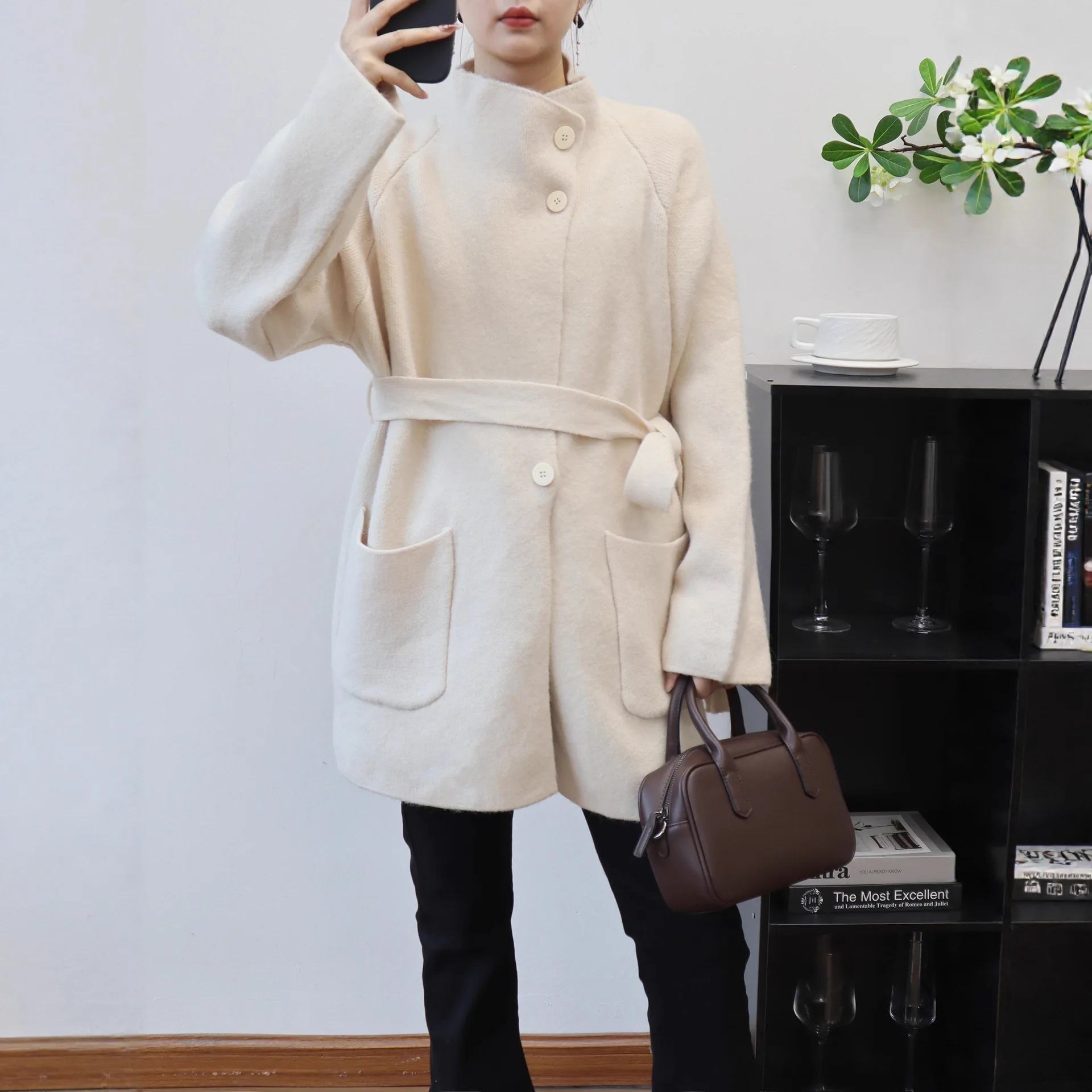 

2026 Autumn Winter New Trendy Mid-Length Elegant Knitted Cardigan with Belt Designer-Style Solid Color Trendy Women's Coat