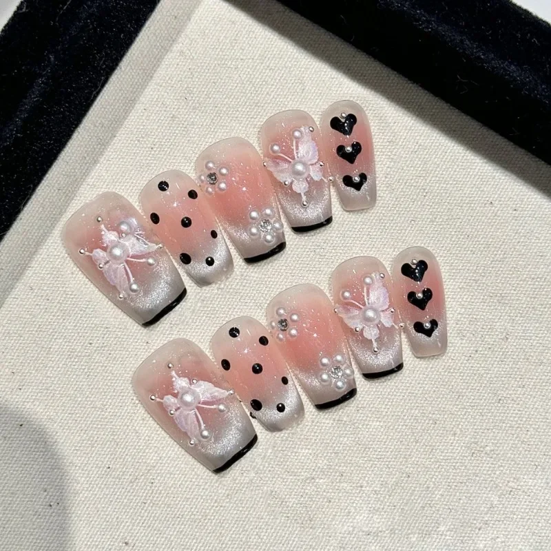 10Pc Polka Dots French Press on Nails Medium Glitter Gel False Nails with Diamond Butterfly Bow Pattern Handmade Fake Nail Tips