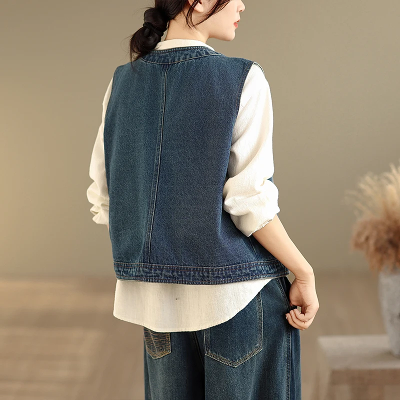 Gilet en Denim brodé pour femmes, coupe ample, vêtements d'extérieur de printemps, décontracté, artistique, polyvalent, grande taille, mélange de coton et de soie