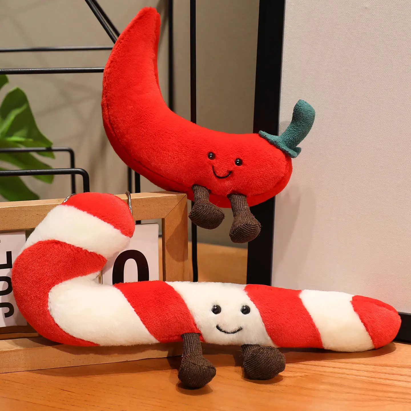 Christmas Bell Pepper and Candy Cane Plush Toy Fun Simulation Chili Peppers and Candy Canes Stuffed Doll Holiday Decor Xmas Gift